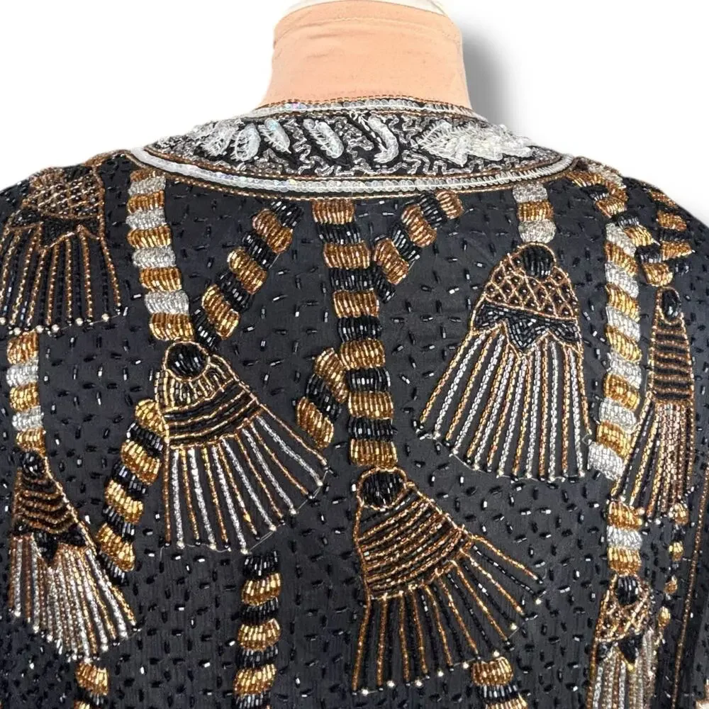 Vintage Silk Beaded Jacket‎ Black Gold 80s Luxury XL Maximalist Power Dressing